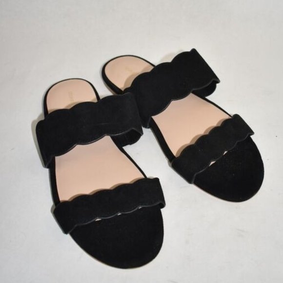 $400 STUART WEITZMAN SANTORINI SCALLOPED SUEDE SLIDES FLAT BLACK 7 (DB3) - Picture 2 of 5